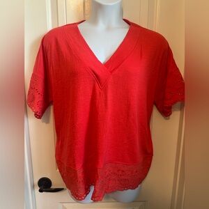 NWT Style & Co. Vibrant Coral Short Sleeve V-Neck Top w/Eyelet Accents, Large